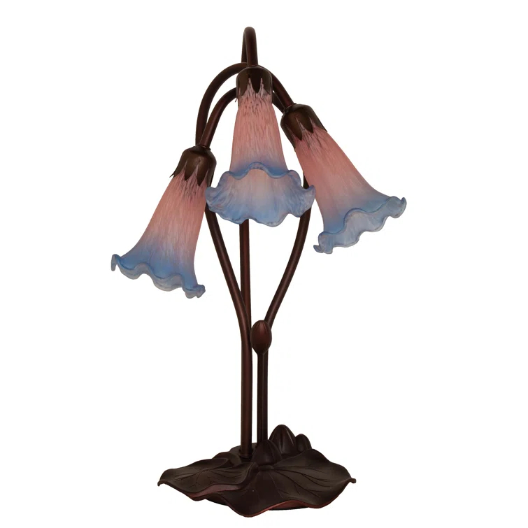 Meyda Tiffany 14670 Pink/Blue Pond Lily - 3 Light Accent Lamp   Mahogany Bronze Finish with Pink/Mauve/Blue Glass