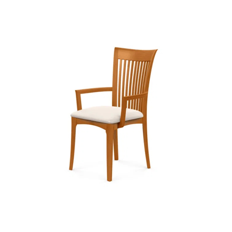 Modern Cherry Wood Slat Arm Chair with White Leather Upholstery