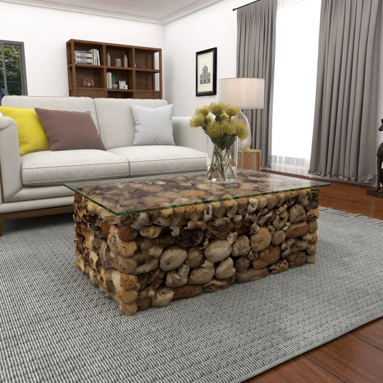 Millwood Pines Brown Wood Handmade Stacked Collage Coffee Table with Clear Glass Top