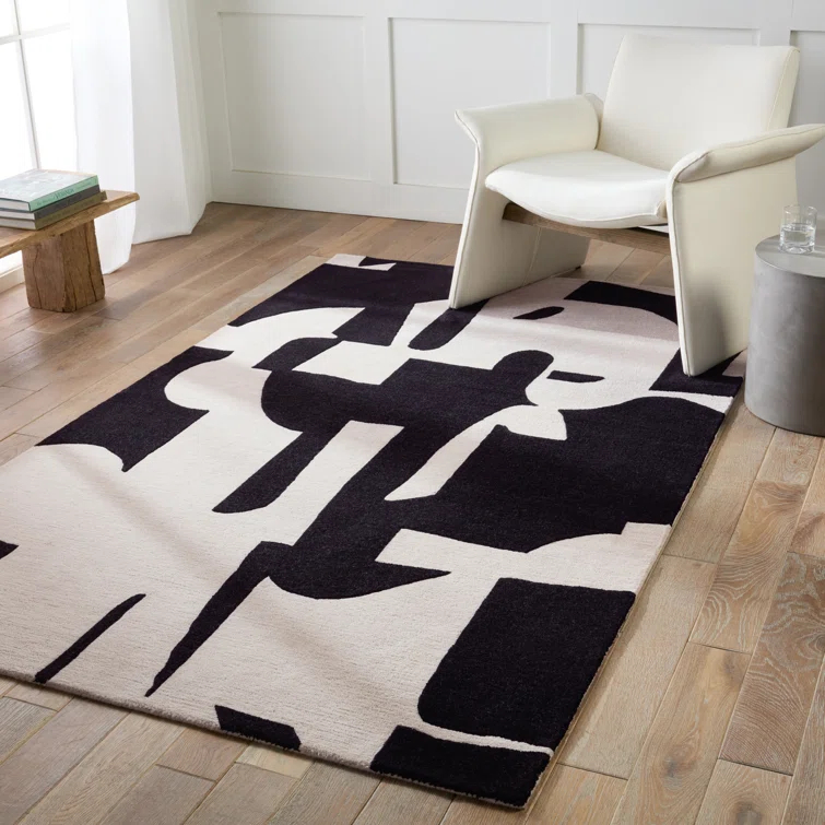 Handmade Abstract Black/ Cream Area Rug (8'X10')