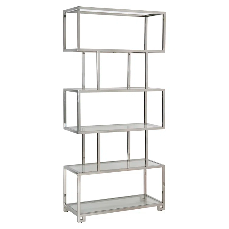 Kaley Polished Stainless Steel and Glass Transitional Etagere Bookcase