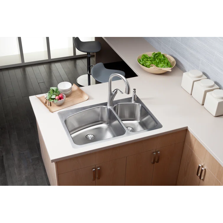 Lustertone 33" L x 22" W Double Basin Dual Mount Kitchen Sink with Drain Assembly