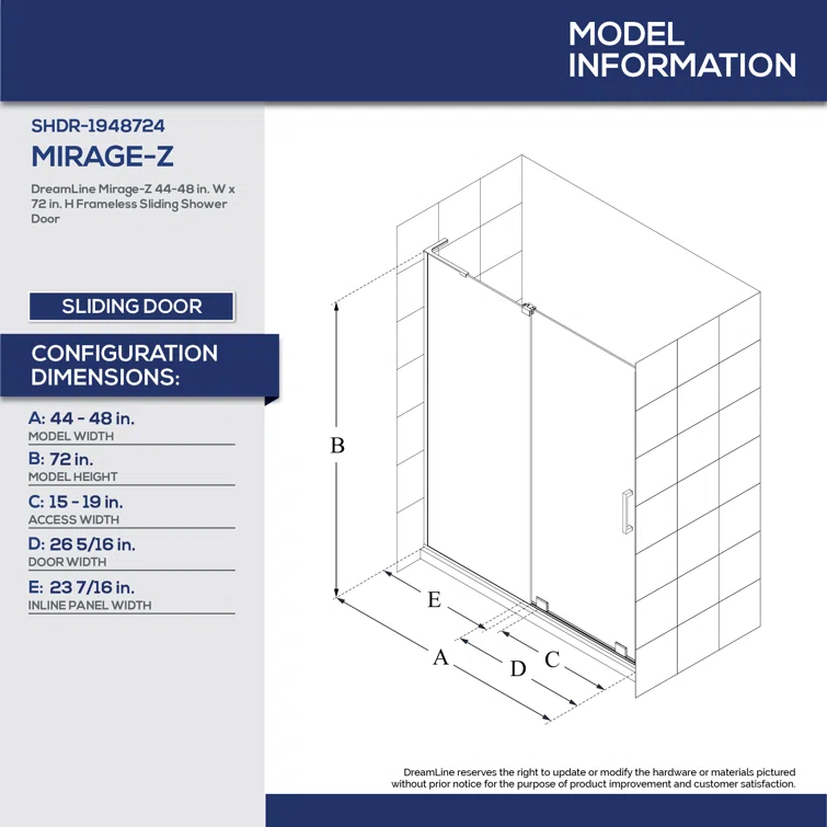 DreamLine Mirage-Z 44-48 in. W x 72 in. H Frameless Sliding Shower Door