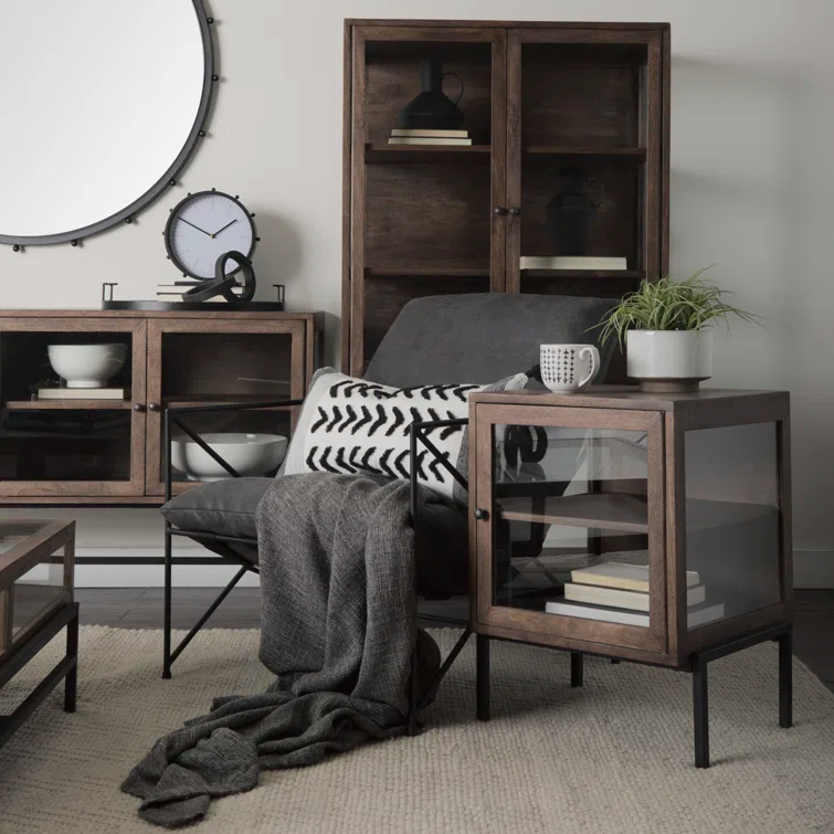 Medium Brown Mango Wood and Black Iron Curio Cabinet