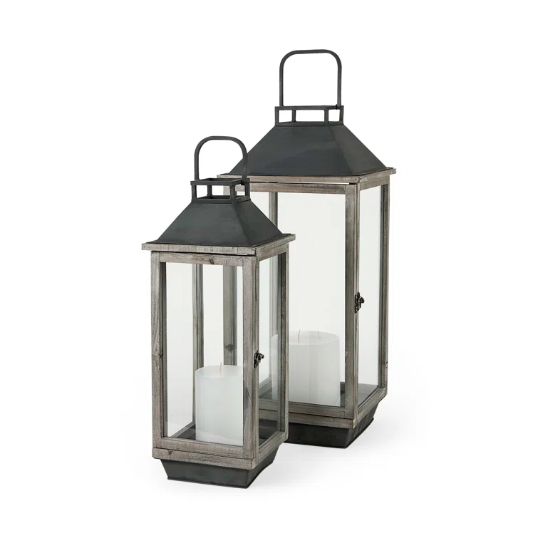 Natural Wood and Metal Hanging Candle Lantern Set