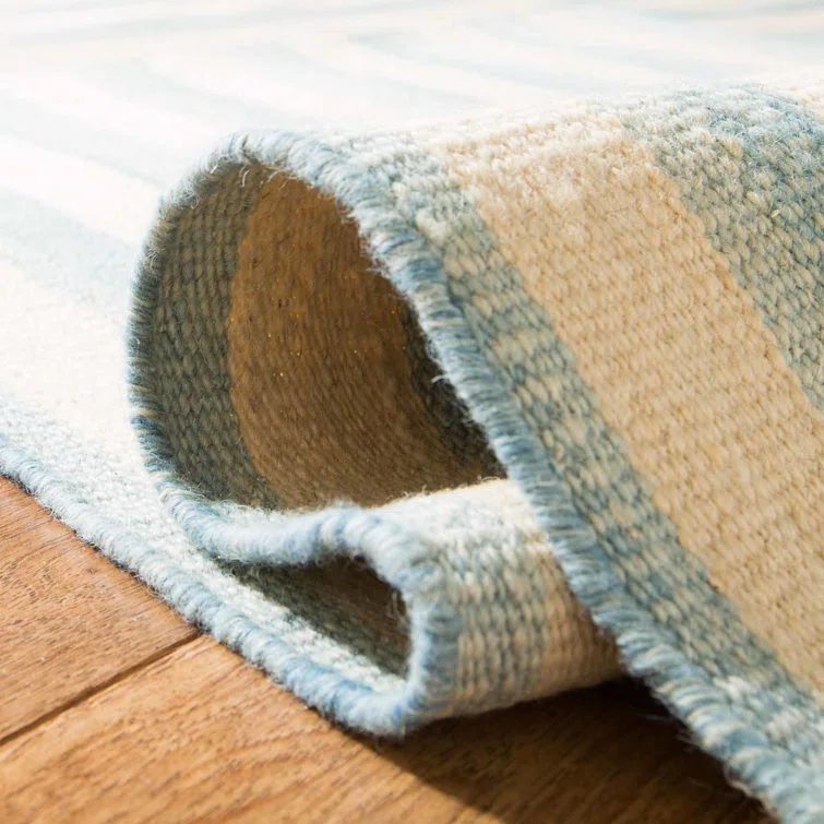 Sky Blue Stripe Patchwork Wool 8' x 10' Area Rug