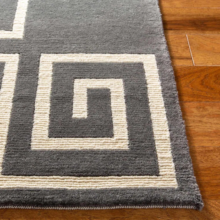 Art Deco Inspired Slate and Cream Hand-Knotted Wool Area Rug