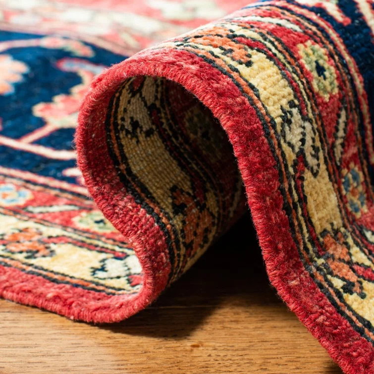 Hand-Knotted Blue and Red Wool 6' x 9' Traditional Area Rug