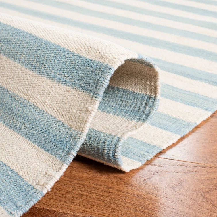Small Sky Blue and White Wool Stripe Area Rug
