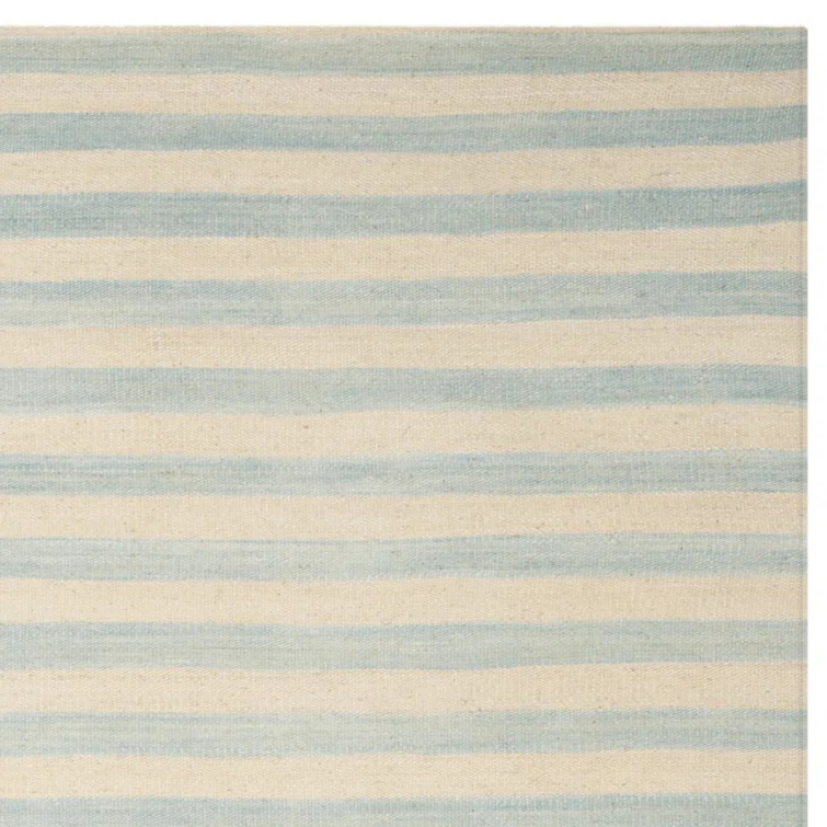 Small Sky Blue and White Wool Stripe Area Rug