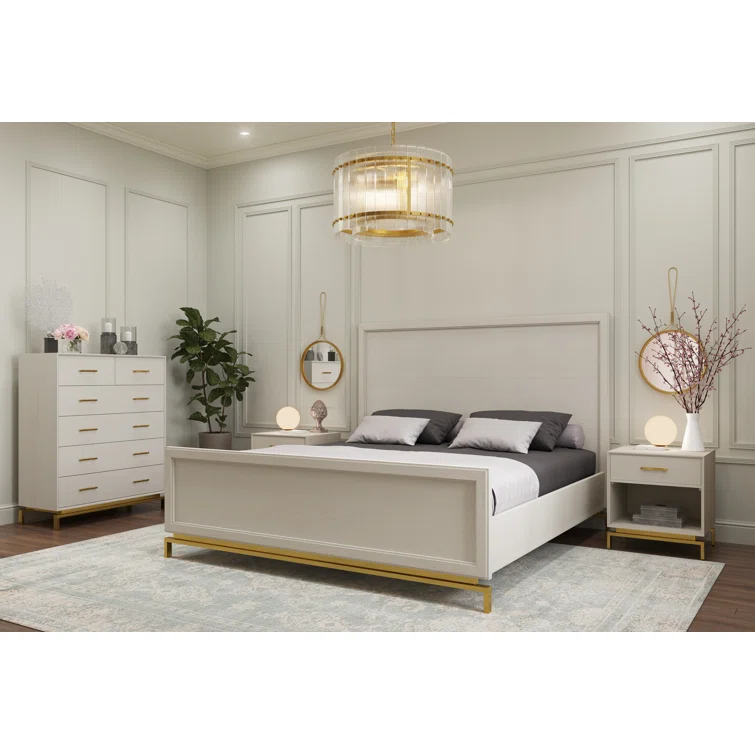 Transitional Beige Pine King Panel Bed with Wood Headboard