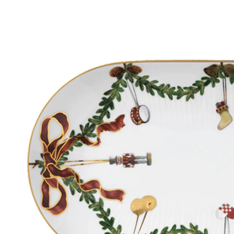 Royal Copenhagen Inspired Ceramic Tiered Oval Christmas Serving Platter