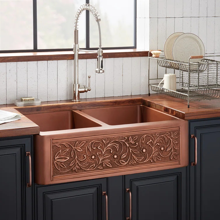 Signature Hardware 318919 33" Vine Design 60/40 Offset Double-Bowl Copper Farmhouse Sink
