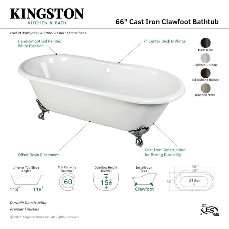 Kingston Brass Aqua Eden 66-Inch Cast Iron Oval Double Ended Clawfoot Tub (7-Inch Faucet Drillings)