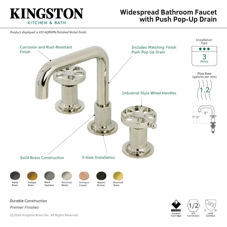 Kingston Brass Belknap Two-Handle 3-Hole Deck Mount Widespread Bathroom Faucet with Push Pop-Up Drain