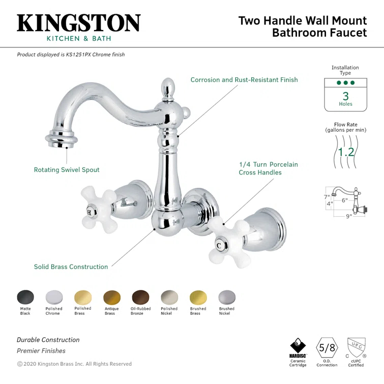 Kingston Brass Heritage Two-Handle 3-Hole Wall Mount Bathroom Faucet