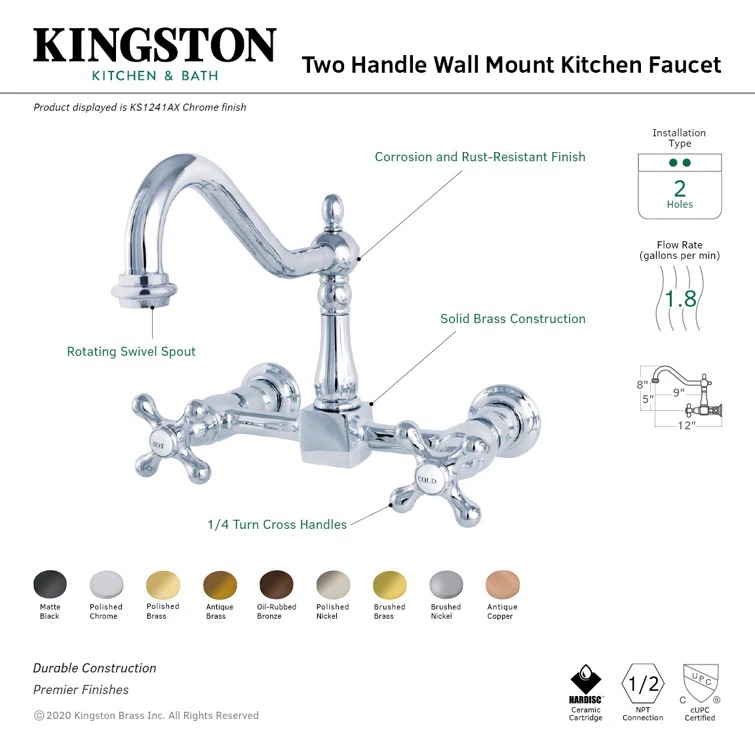 Kingston Brass Heritage Double-Handle 2-Hole Wall-Mount Bridge Kitchen Faucet