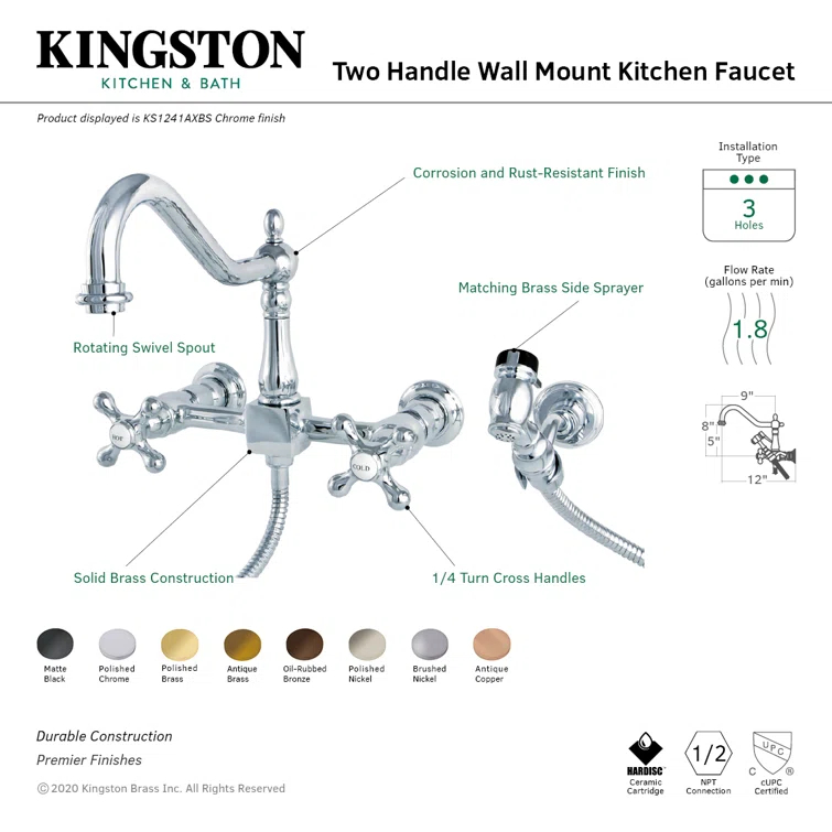 Kingston Brass Heritage Double-Handle Wall-Mount Bridge Kitchen Faucet