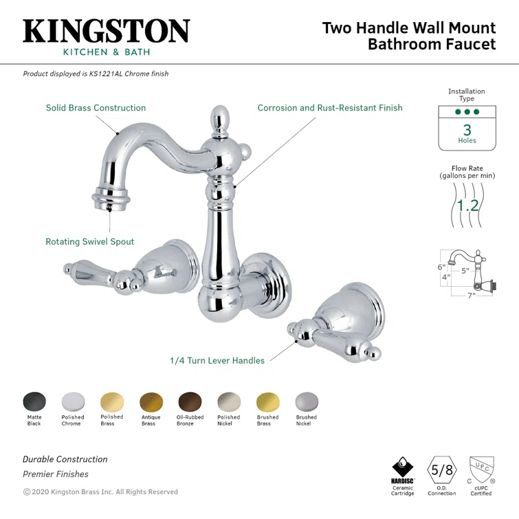 Kingston Brass Heritage Two-Handle 3-Hole Wall Mount Bathroom Faucet