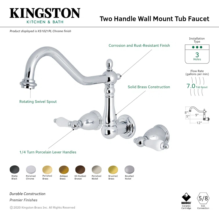 Kingston Brass Heritage Two-Handle 3-Hole Wall Mount Roman Tub Faucet