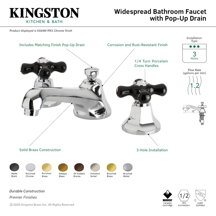 Kingston Brass Duchess Two-Handle 3-Hole Deck Mount Widespread Bathroom Faucet with Brass Pop-Up Drain