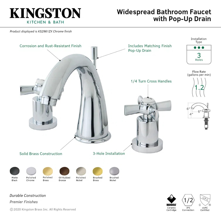 Kingston Brass Millennium Two-Handle 3-Hole Deck Mount Widespread Bathroom Faucet with Brass Pop-Up Drain