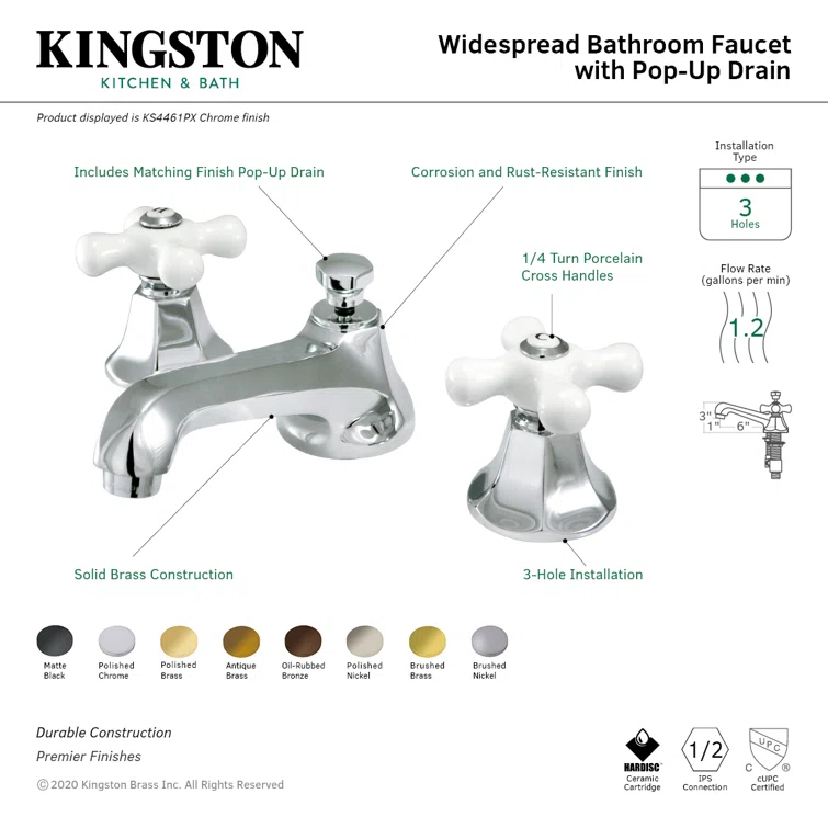 Kingston Brass Metropolitan Two-Handle 3-Hole Deck Mount Widespread Bathroom Faucet with Brass Pop-Up Drain