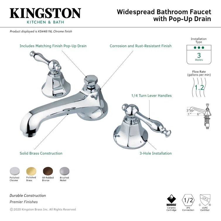 Kingston Brass Naples Two-Handle 3-Hole Deck Mount Widespread Bathroom Faucet with Brass Pop-Up Drain