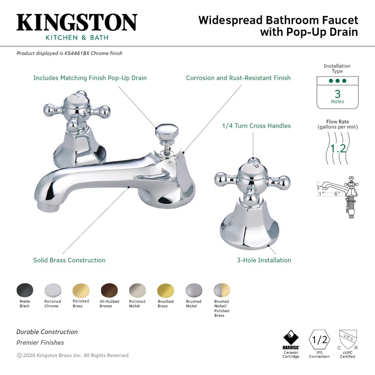 Kingston Brass Metropolitan Two-Handle 3-Hole Deck Mount Widespread Bathroom Faucet with Brass Pop-Up Drain