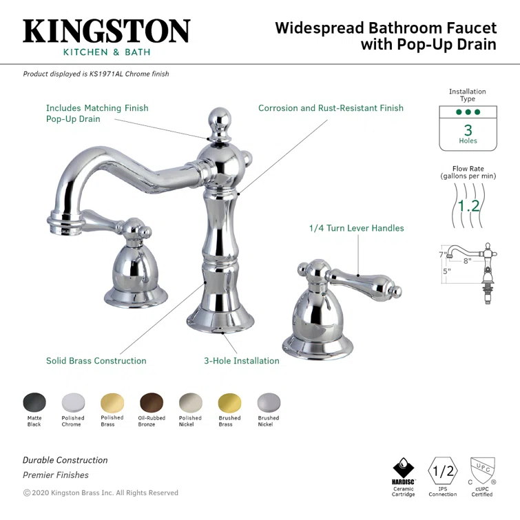 Kingston Brass Heritage Two-Handle 3-Hole Deck Mount Widespread Bathroom Faucet with Brass Pop-Up Drain