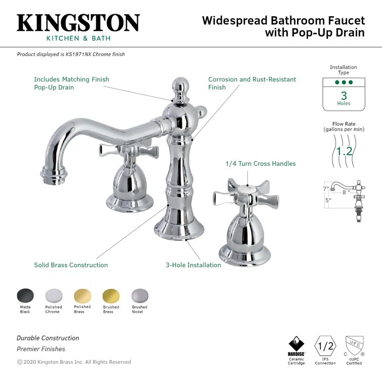 Kingston Brass KS1970NX Kingston Brass Hamilton Two-Handle 3-Hole Deck Mount Widespread Bathroom Faucet with Brass Pop-Up Drain