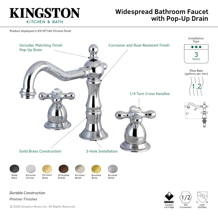 Kingston Brass Heritage Two-Handle 3-Hole Deck Mount Widespread Bathroom Faucet with Brass Pop-Up Drain