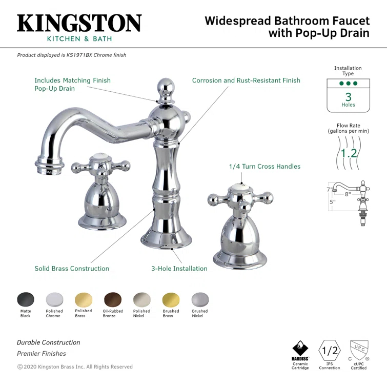 Kingston Brass Heritage Two-Handle 3-Hole Deck Mount Widespread Bathroom Faucet with Brass Pop-Up Drain