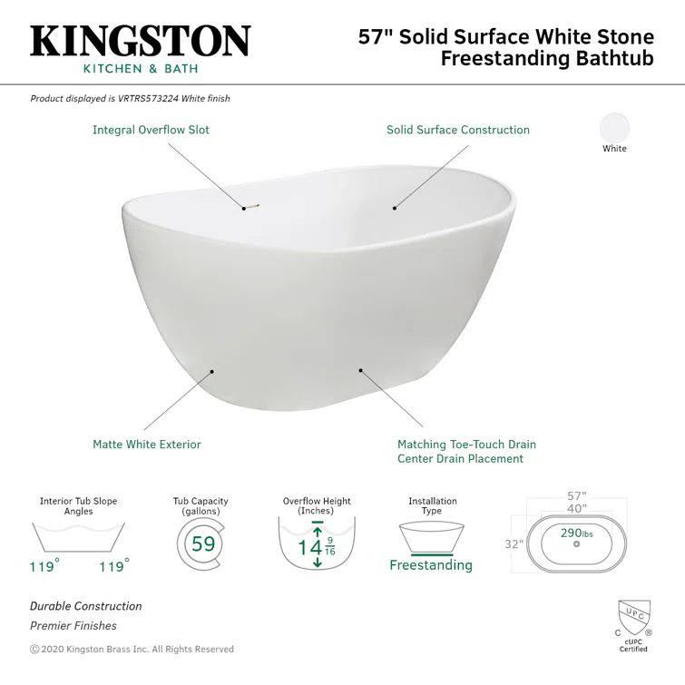 Kingston Brass Arcticstone Solid Surface Oval Double Slipper Freestanding Tub with Drain