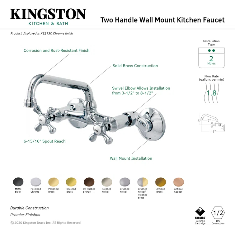 Kingston Brass Kingston Double-Handle 2-Hole Wall-Mount Bridge Kitchen Faucet