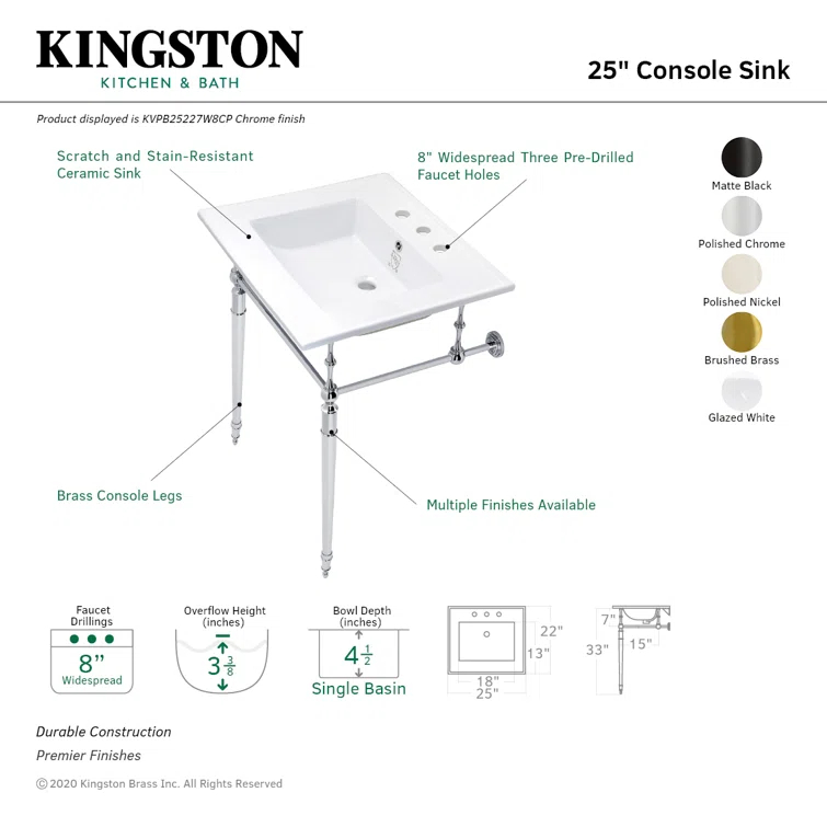 Kingston Brass Edwardian 25-Inch Ceramic Console Sink with Brass Legs (8-Inch, 3-Hole)