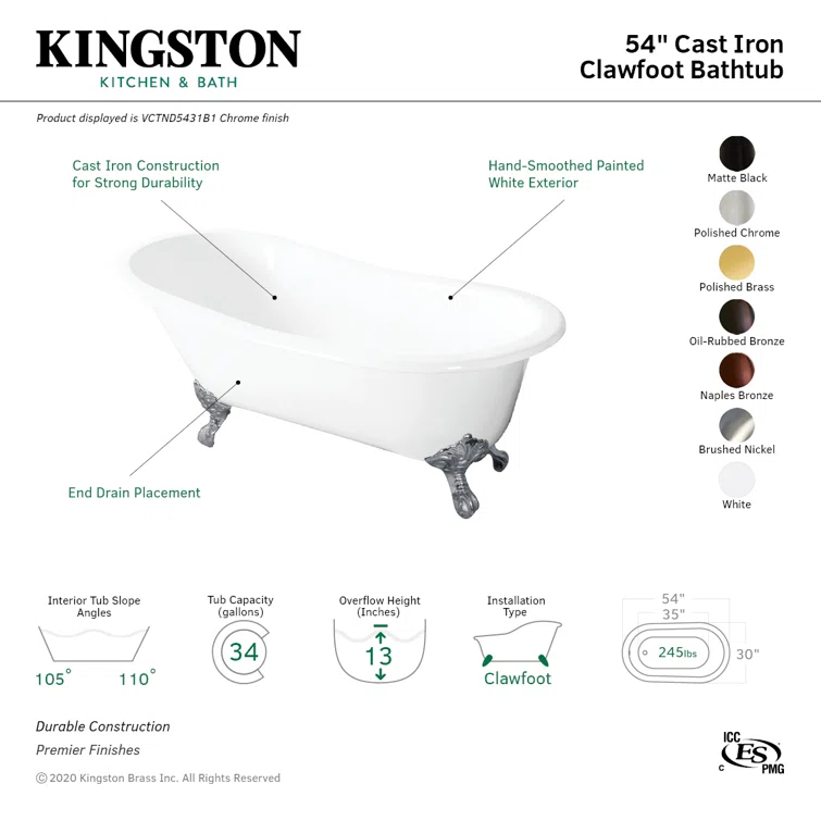 Kingston Brass Tazatina 54-Inch Cast Iron Oval Single Slipper Clawfoot Tub (No Faucet Drillings)