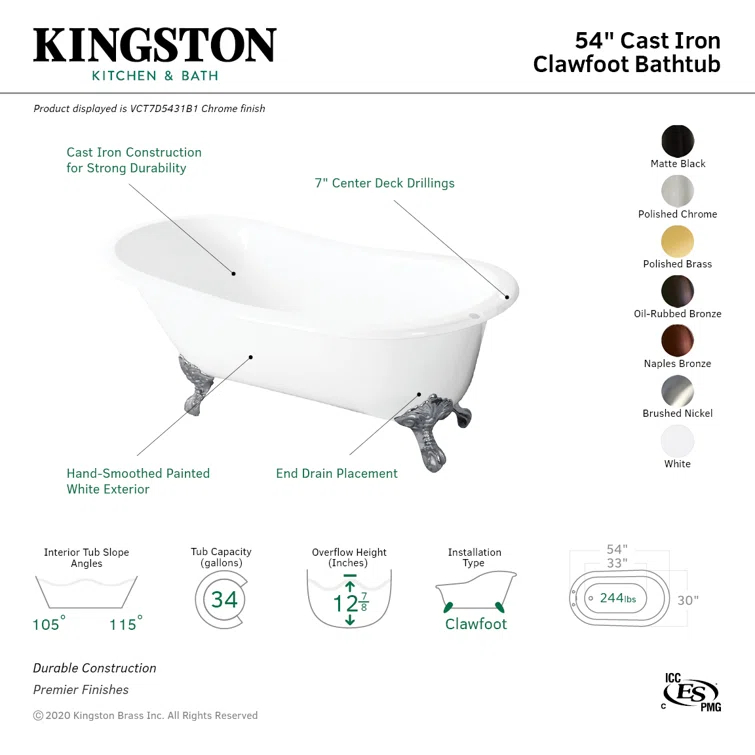Kingston Brass Tazatina 54-Inch Cast Iron Oval Single Slipper Clawfoot Tub (7-Inch Faucet Drillings)