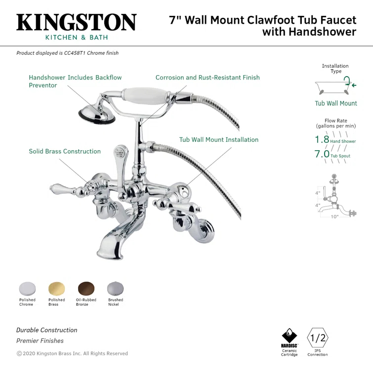 Kingston Brass Vintage Three-Handle 2-Hole Tub Wall Mount Clawfoot Tub Faucet with Hand Shower