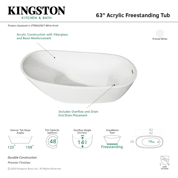 Kingston Brass VTRS632927 Kingston Brass Aqua Eden 63-Inch Acrylic Oval Single Slipper Freestanding Tub with Drain