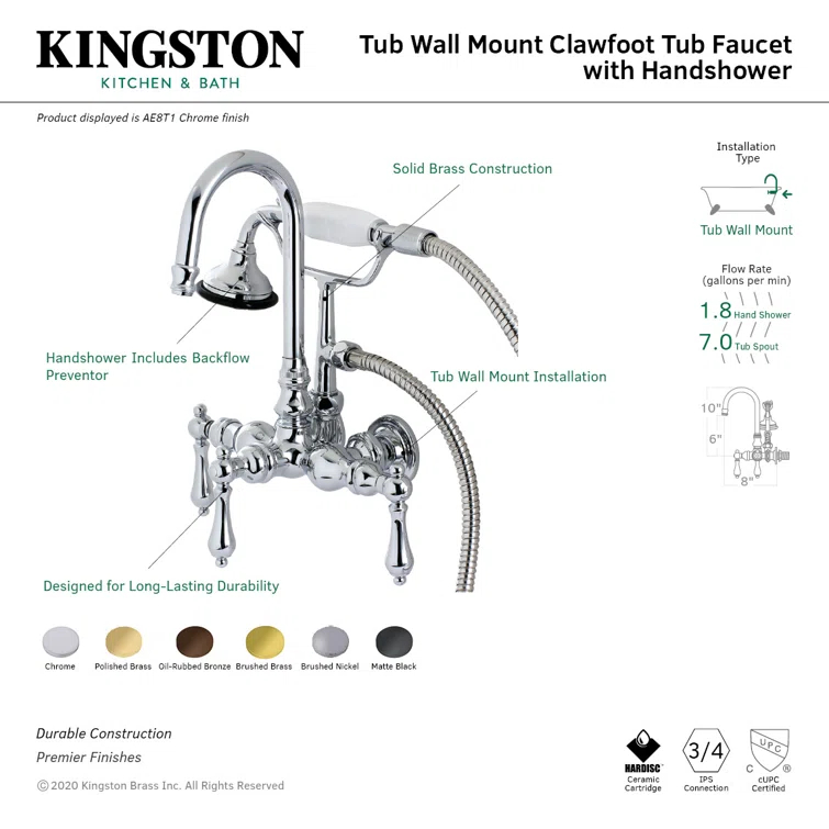 Kingston Brass Aqua Vintage Three-Handle 2-Hole Tub Wall Mount Clawfoot Tub Faucet with Hand Shower