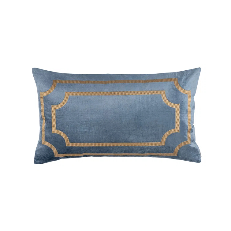 Large Smokey Blue Velvet Lumbar Pillow with Gold Embroidery