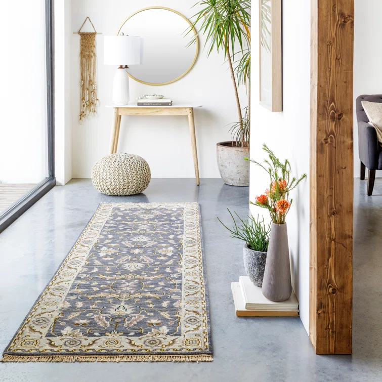Hand-Knotted Blue and Charcoal Wool Rectangular Rug