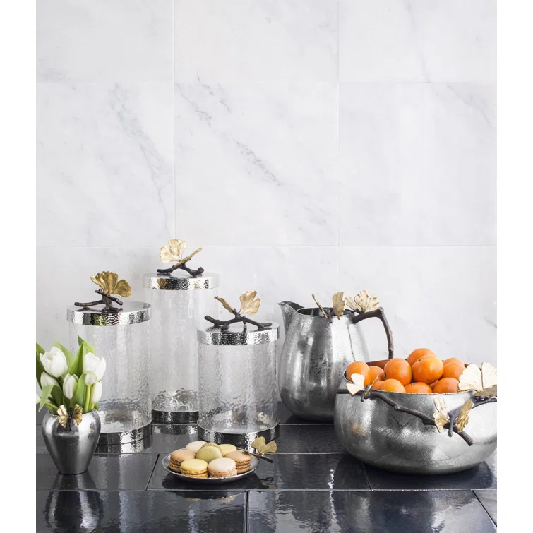 Butterfly Ginkgo Elegance 11.5" Glass Canister with Silver Lid