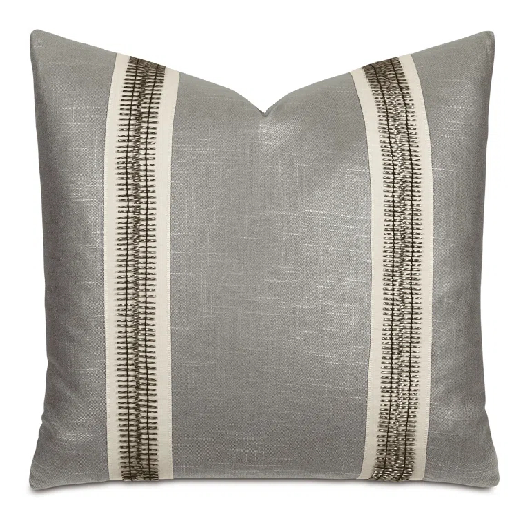 Taupe Linen Blend Square Throw Pillow with Appliqued Trim