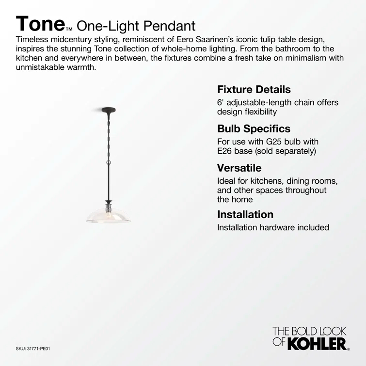 Tone 1 Light Pendant Lighting Fixture for Kitchen Island, 6' Adjustable Cord Length