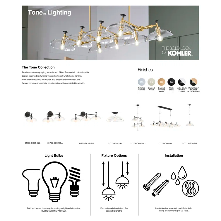 Tone 1 Light Pendant Lighting Fixture for Kitchen Island, 6' Adjustable Cord Length