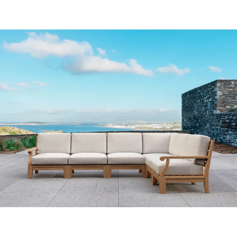 Teak and Gray 5-Person Outdoor Sectional with Sunbrella Cushions