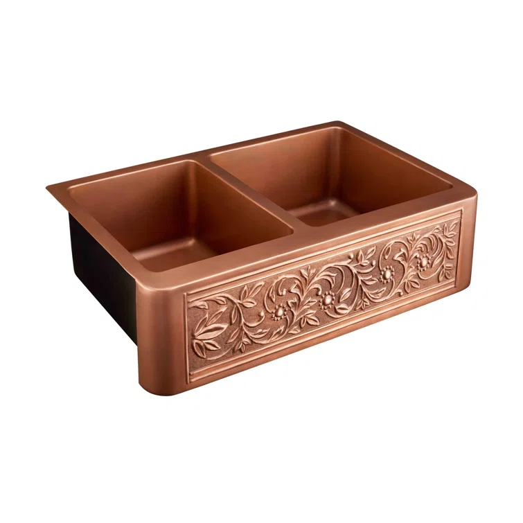 Signature Hardware 318919 33" Vine Design 60/40 Offset Double-Bowl Copper Farmhouse Sink