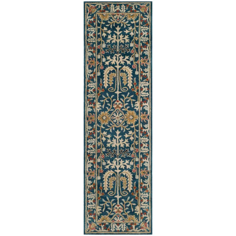 Hand-Tufted Dark Blue Wool Runner Rug with Multi-Color Pattern